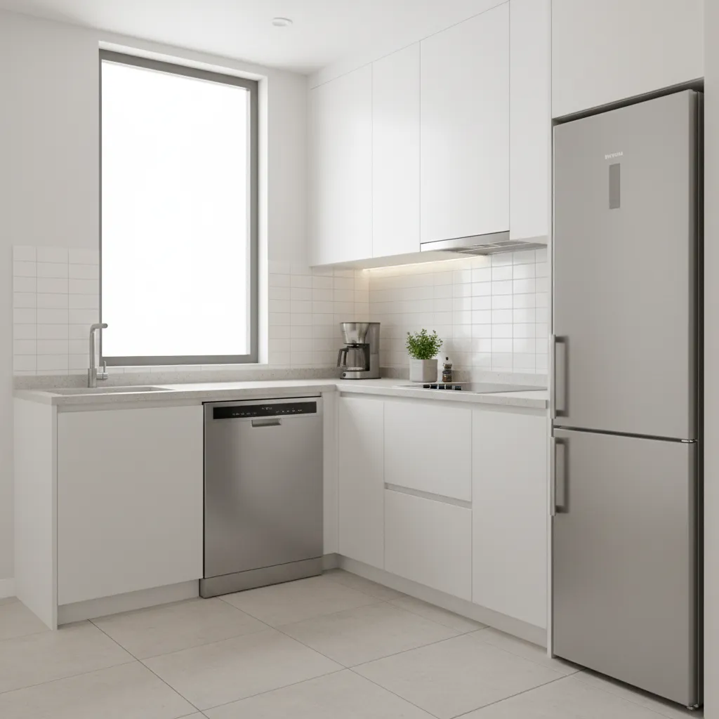 Small kitchen with compact appliances and extra counter space