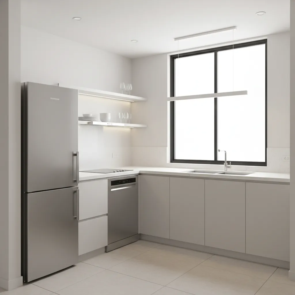 compact appliances in a narrow kitchen layout