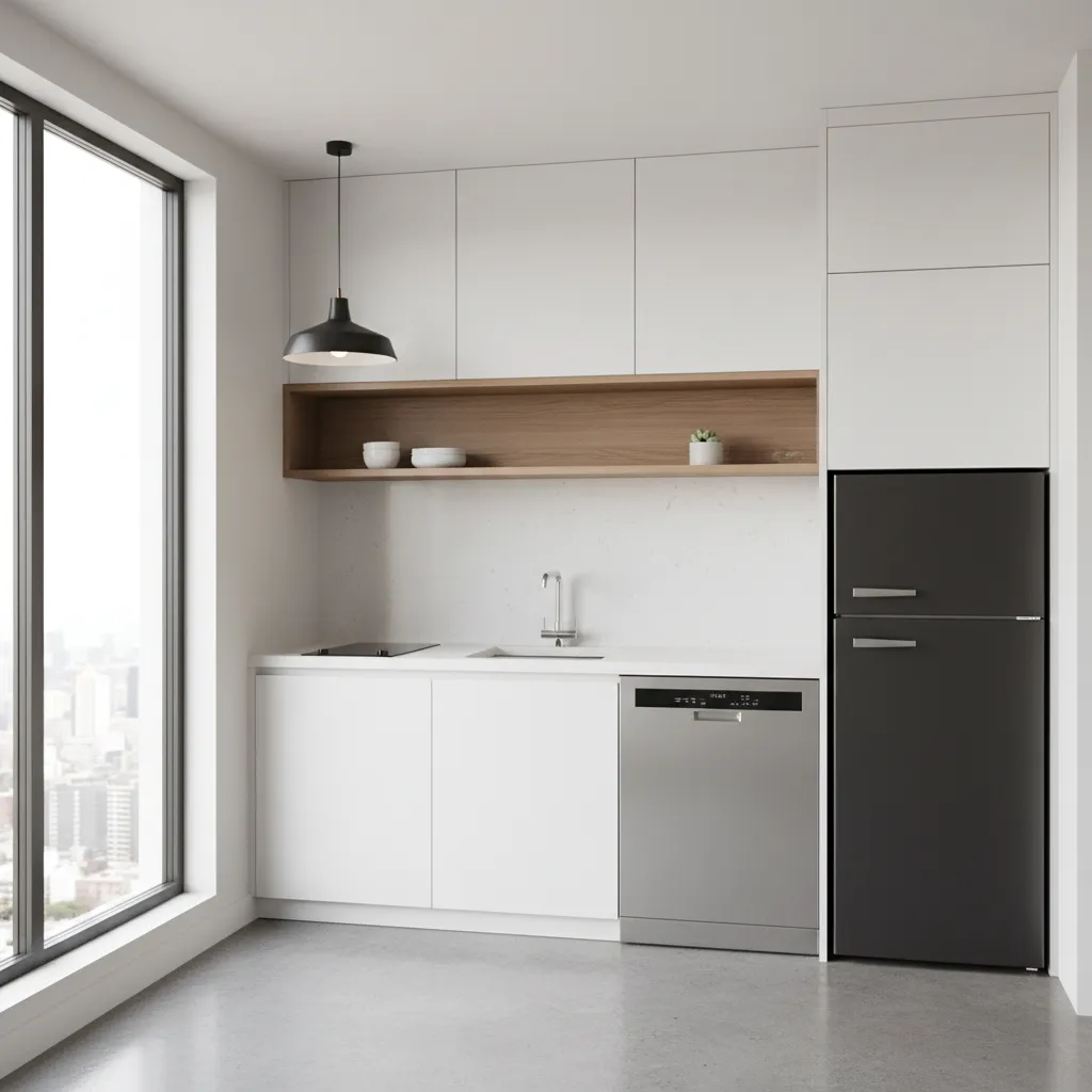 Small kitchen with compact dishwasher and slim refrigerator