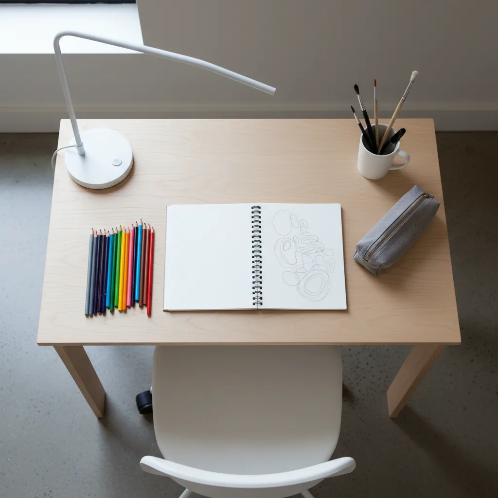 Top view of organized small desk with sketchbook and pencils