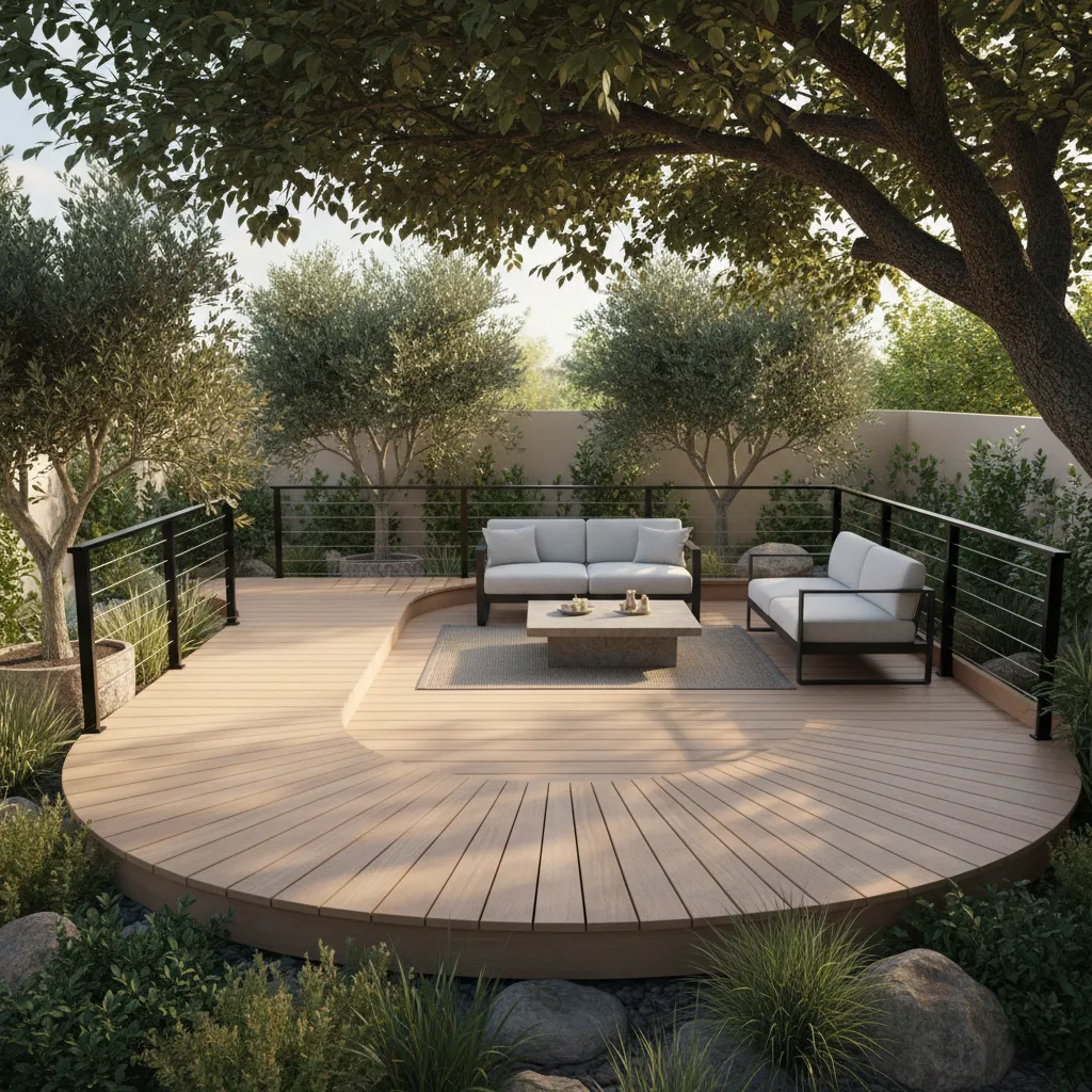 Small backyard deck with ramp integrated along deck perimeter