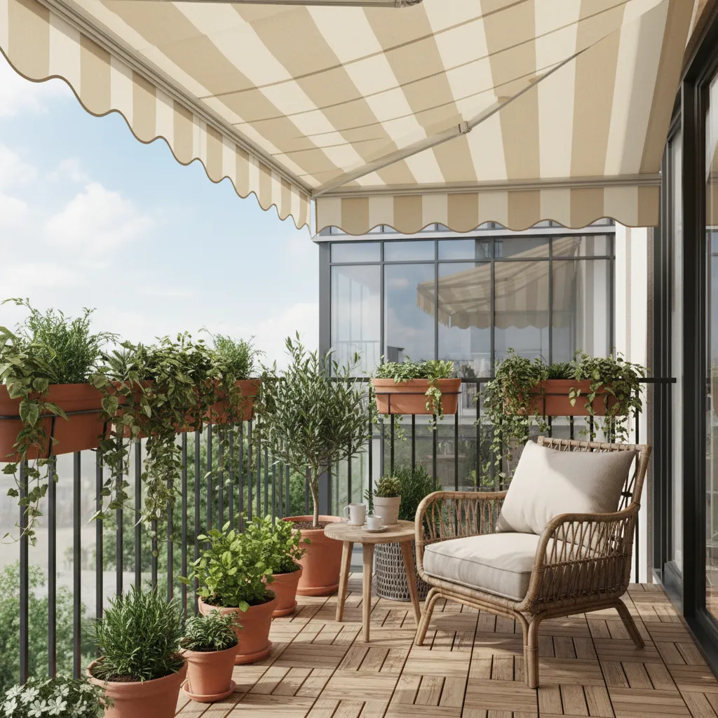small apartment balcony with retractable fabric awning and seating