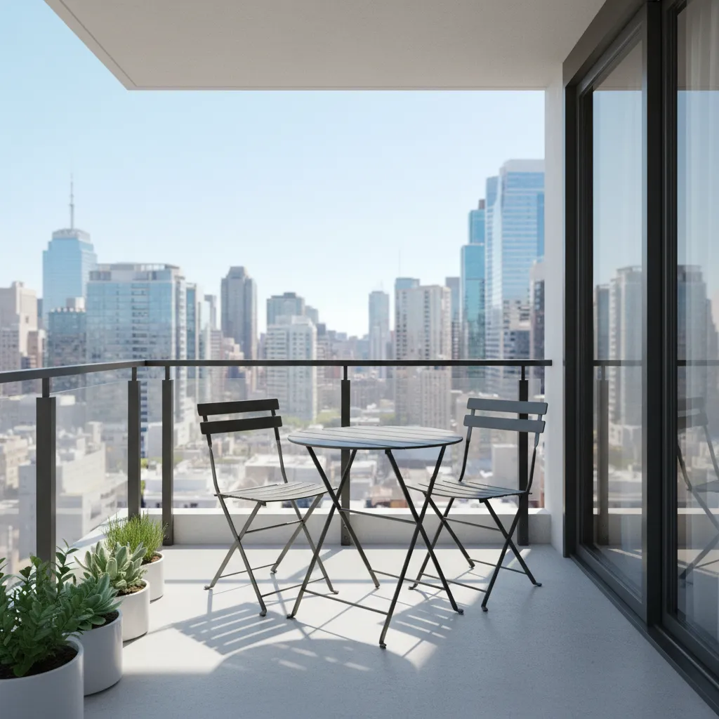 Foldable bistro table and chairs on apartment balcony