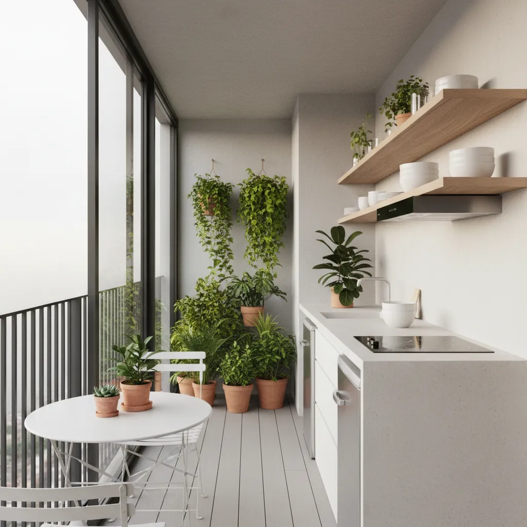 small apartment balcony kitchen with compact counter and shelves