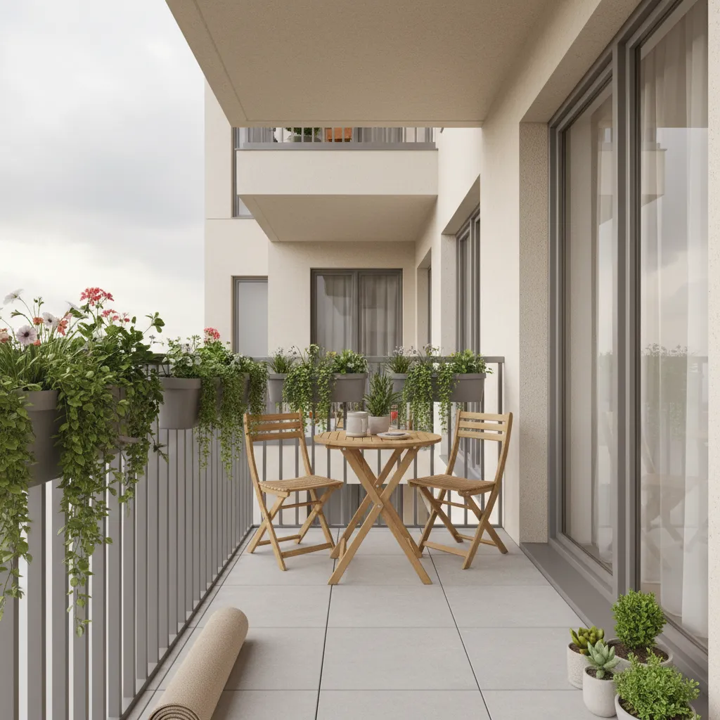 Compact balcony with bistro table and vertical plants