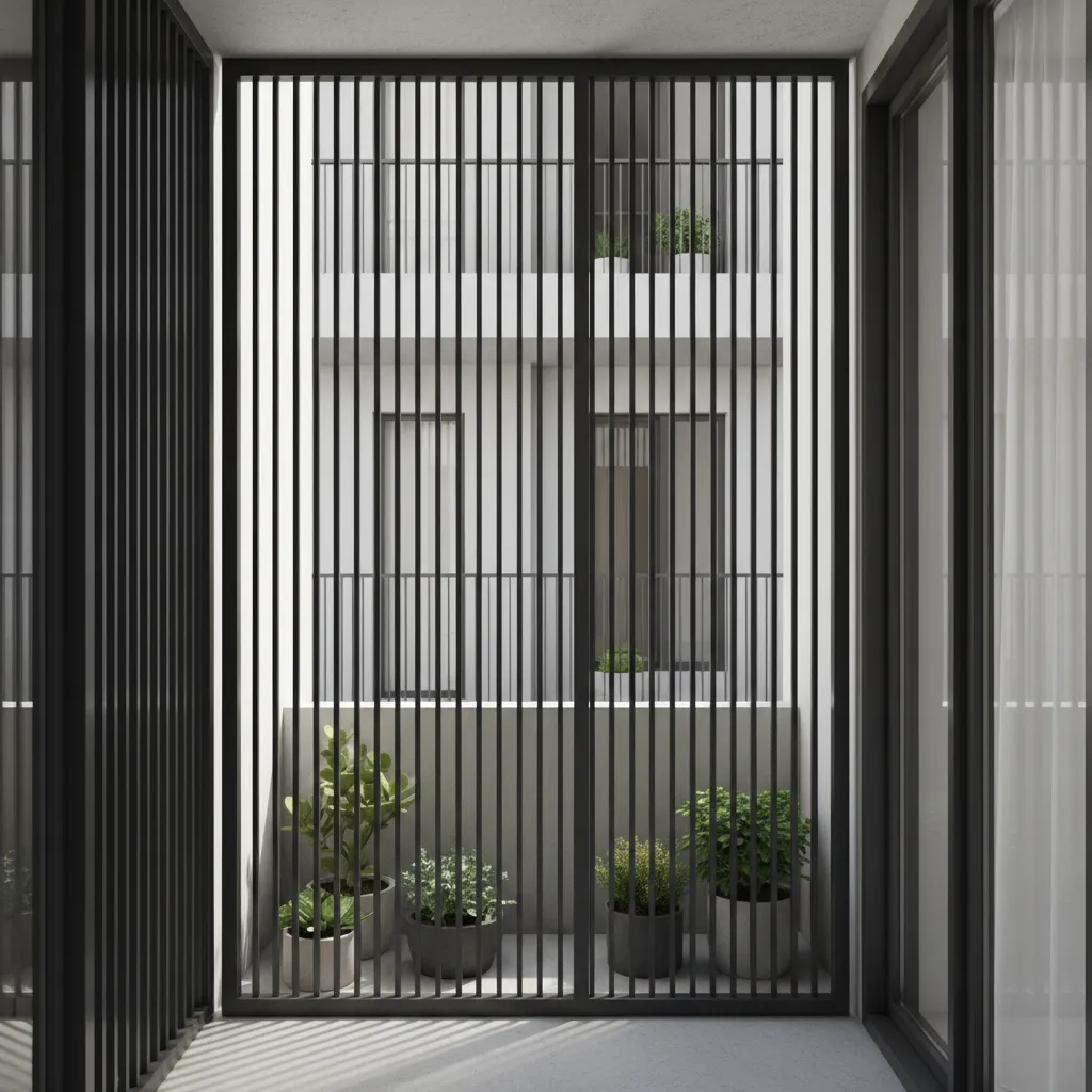 Small balcony with vertical metal grill safety gate