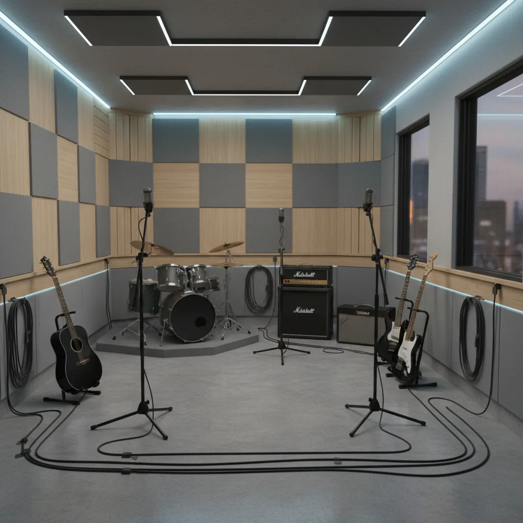 Small band rehearsal room layout with drum kit, amps and microphones arranged efficiently