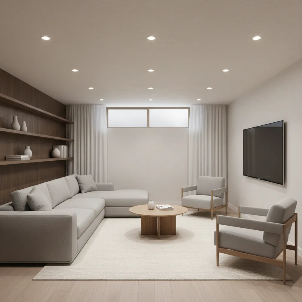 Modern living room with grey sofa two armchairs wooden coffee table and wall mounted television