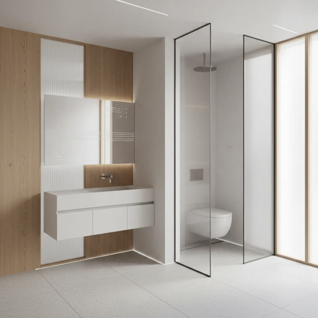 Modern bathroom interior design drawing with white floating cabinet toilet glass shower and wood panels