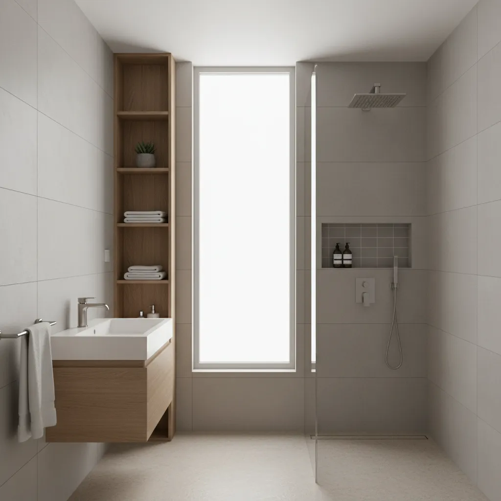 small bathroom layout showing wall mounted accessories and vertical storage