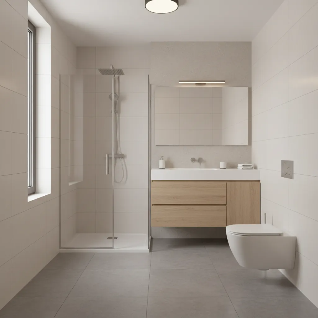 Small bathroom with corner shower and floating vanity maximizing walking space