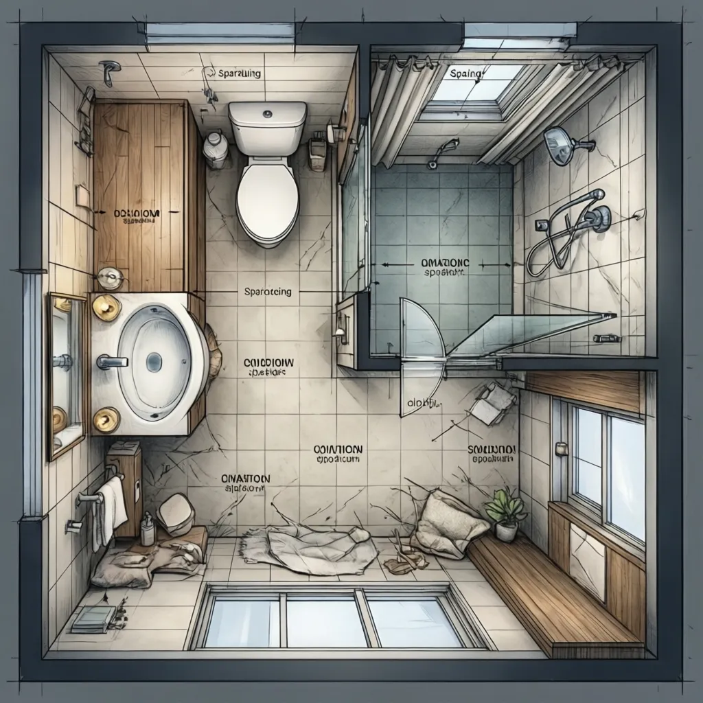 small bathroom floor plan showing spacing measurements for fixtures