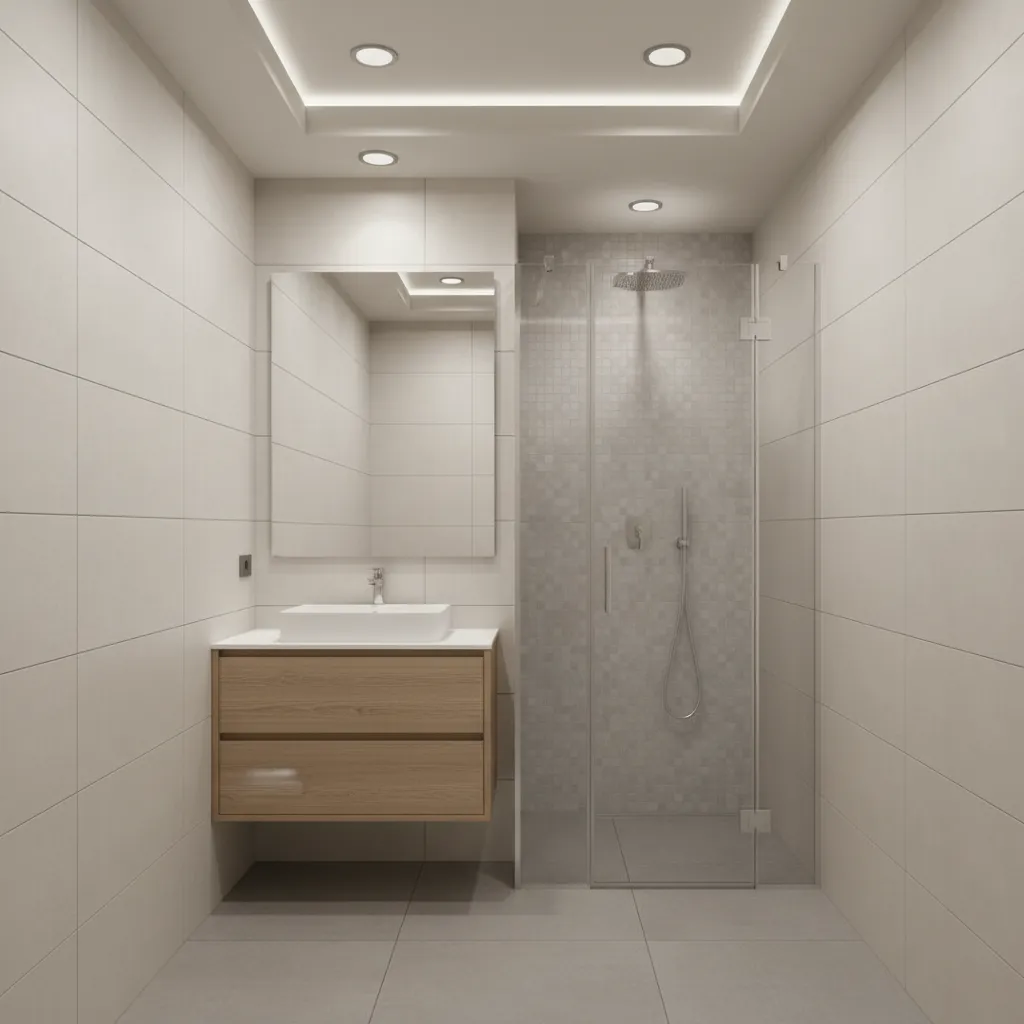 Small modern bathroom with simple false ceiling and recessed lights