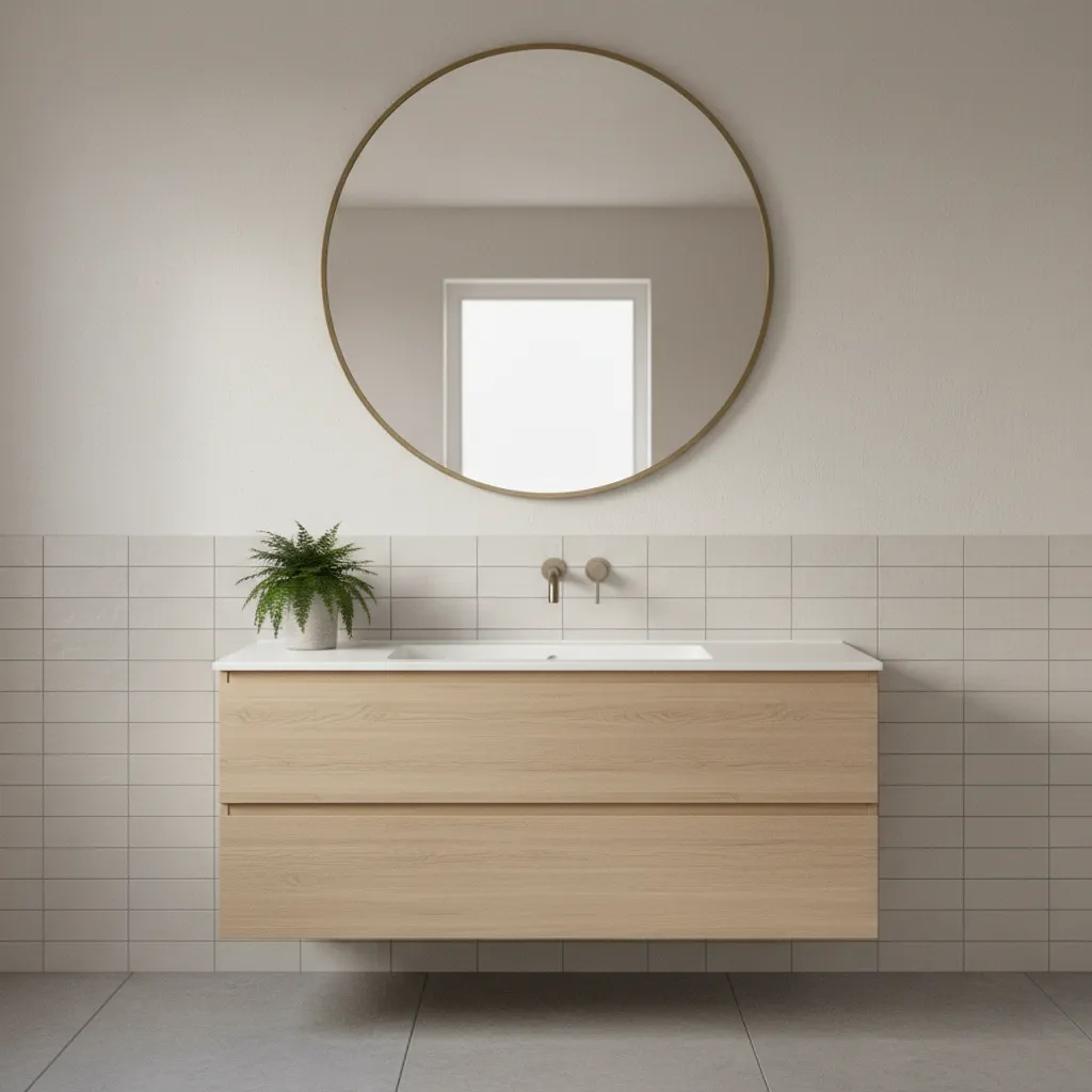 Small bathroom vanity with optimized wall mounted faucet placement