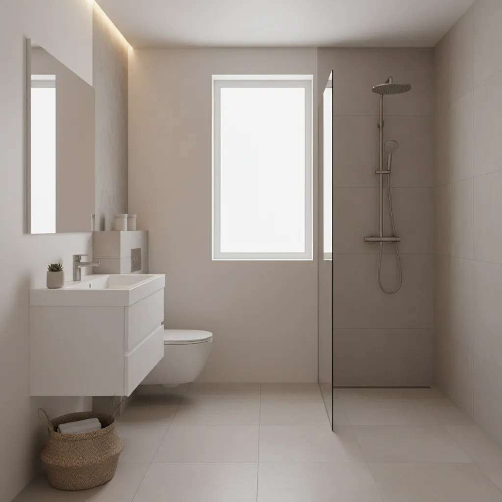 Compact fixtures including floating vanity and wall mounted toilet in small bathroom