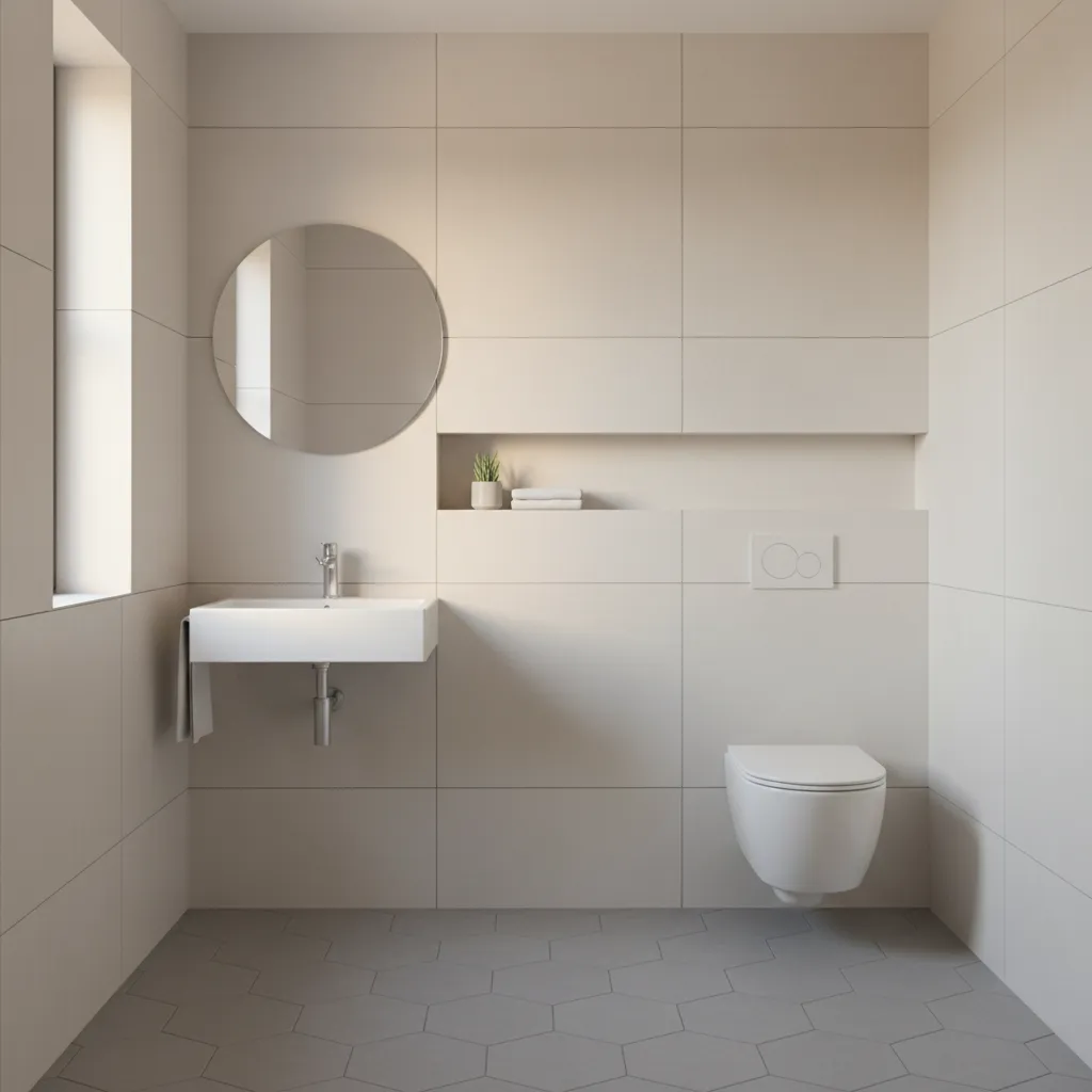 Wall mounted toilet and slim floating sink in narrow bathroom