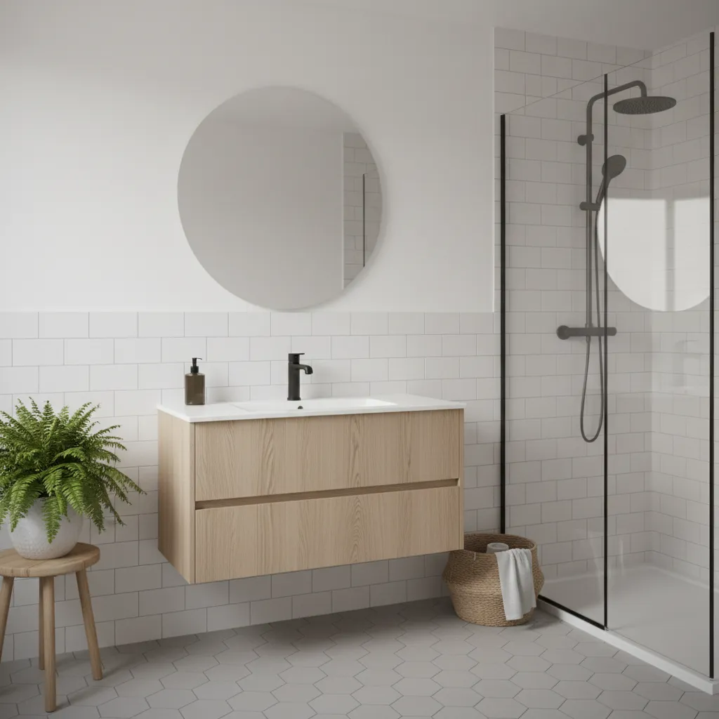 small modern bathroom with floating vanity cabinet and clean minimalist layout