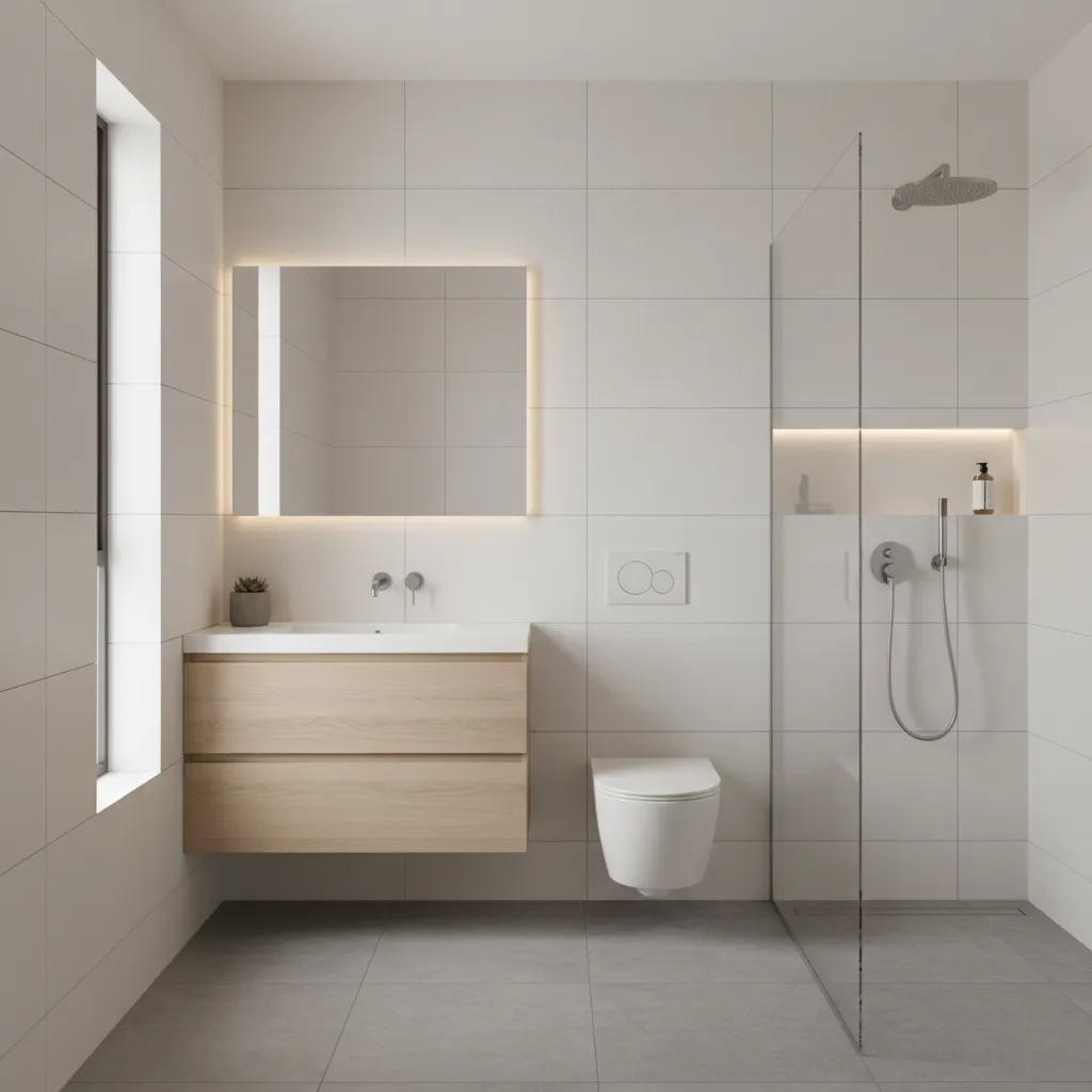 Compact bathroom with large wall tiles and minimalist design