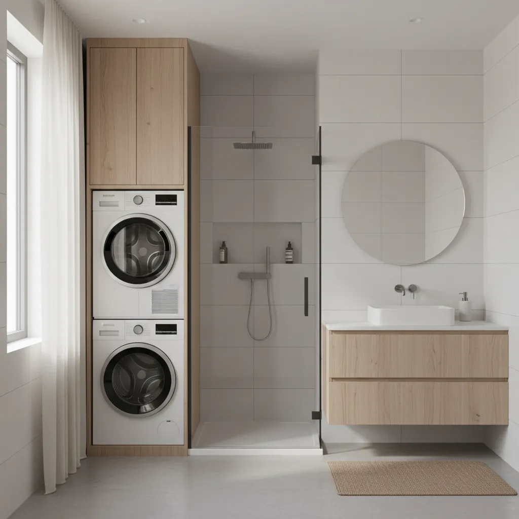 small bathroom with washer dryer combo integrated into layout