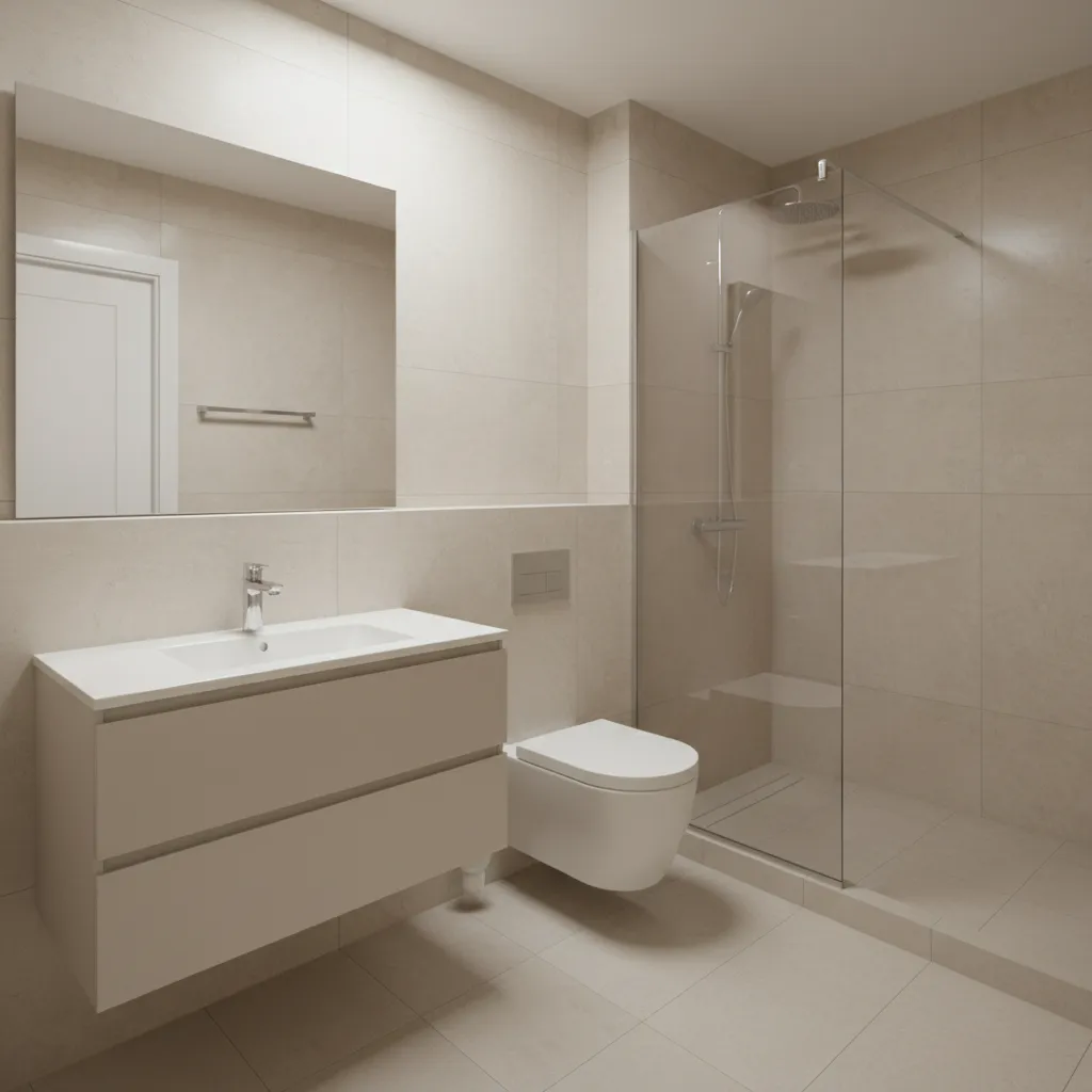 compact bathroom layout with toilet vanity and shower arranged efficiently