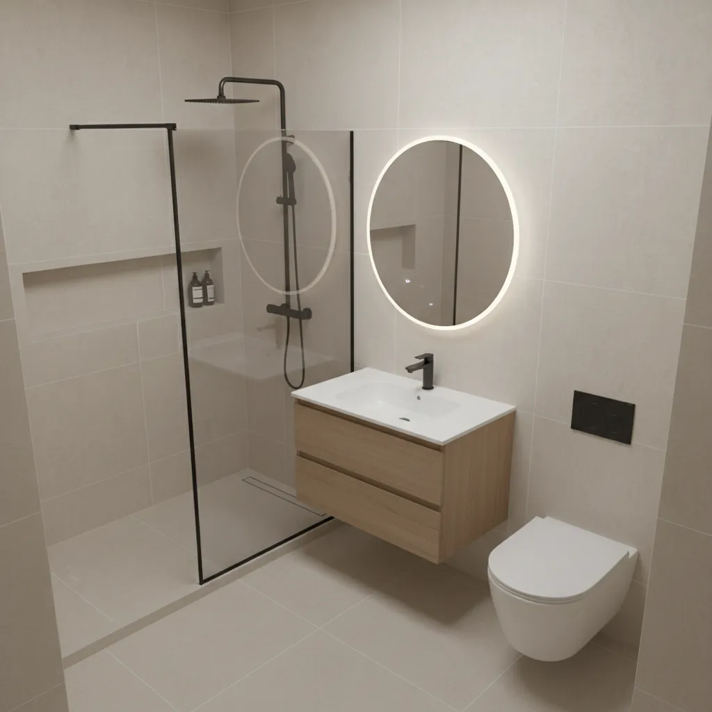 Compact 8 by 6 bathroom layout overview with shower vanity and toilet placement