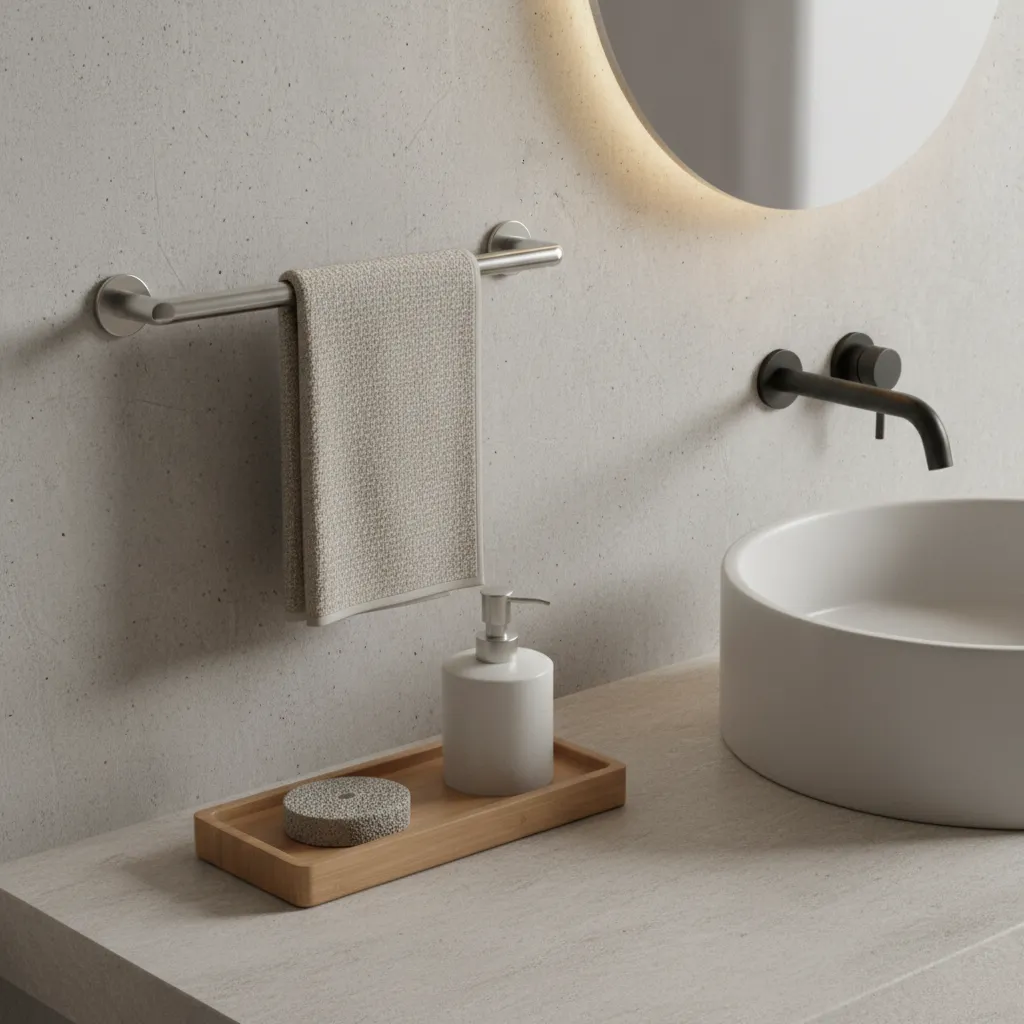 close view of modern bathroom accessories using matte metal and natural wood