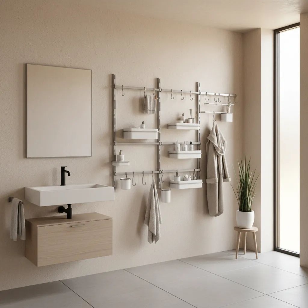 Small bathroom featuring modular wall storage system with adjustable rails and trays