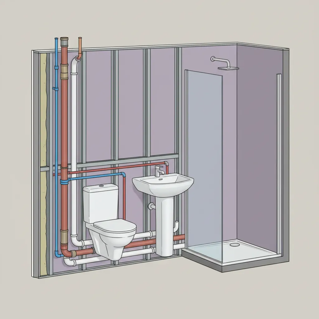 Exposed plumbing wall behind compact bathroom fixtures