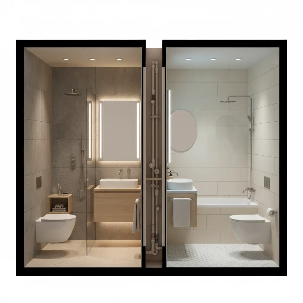 two small bathrooms sharing plumbing wall in compact house layout