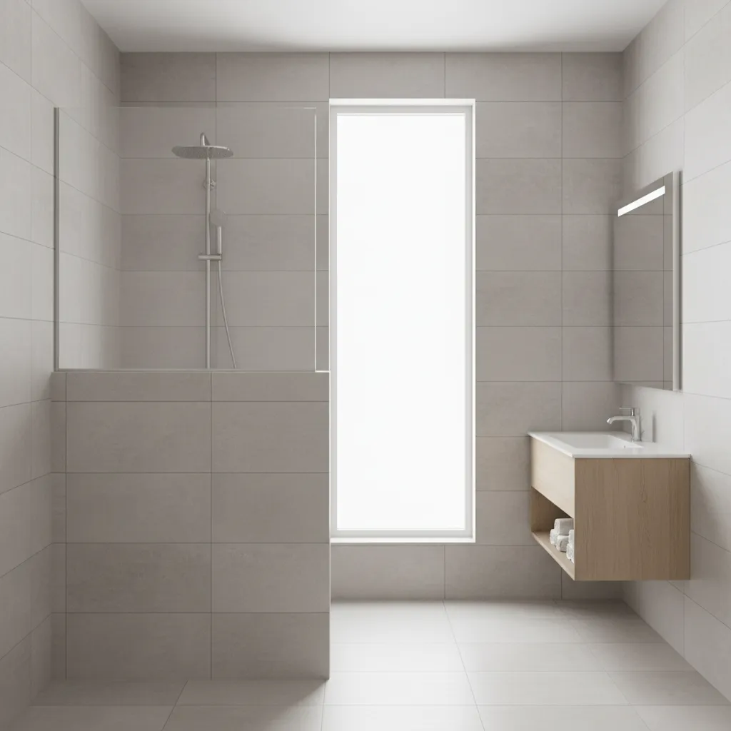 small bathroom interior showing a pony wall separating shower and vanity