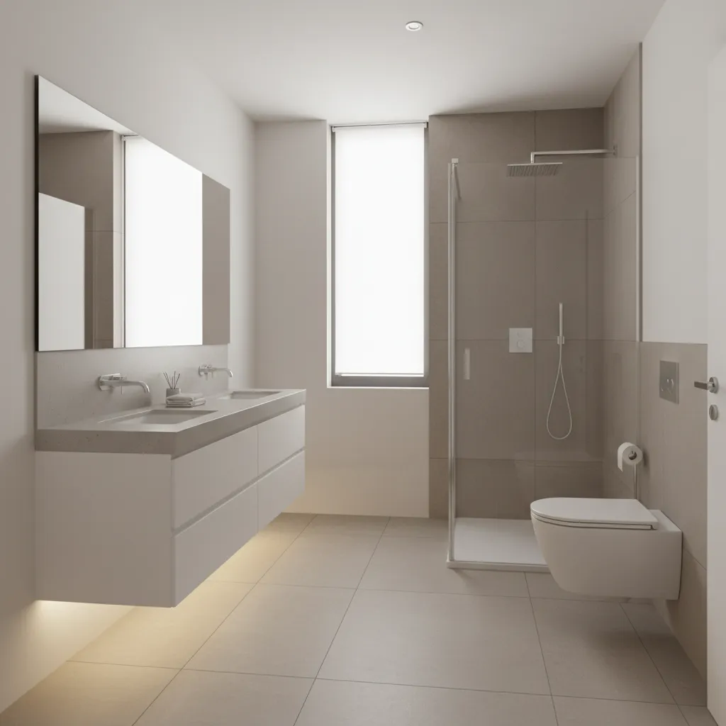small bathroom designed with floating vanity glass shower and efficient layout