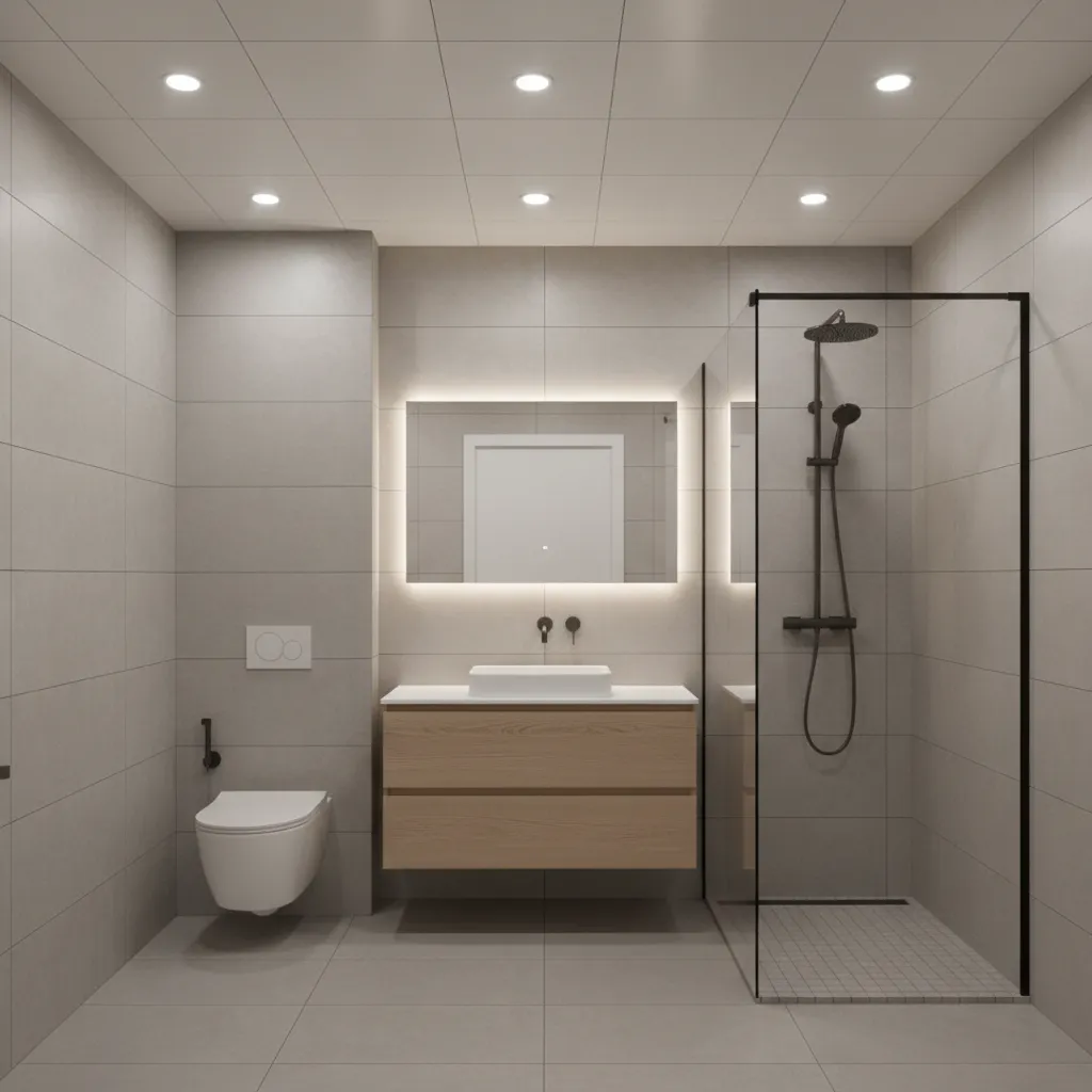 Small bathroom with recessed ceiling lights evenly illuminating the space