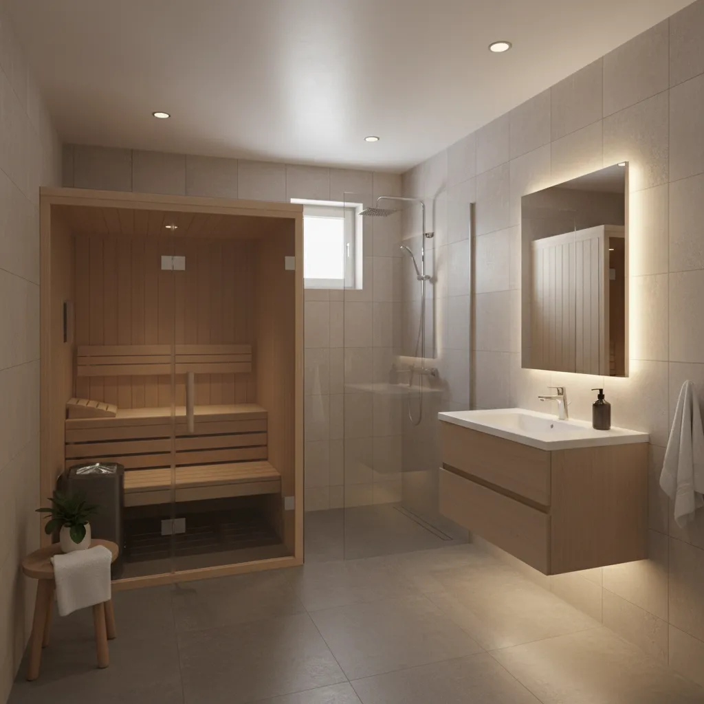 Small bathroom layout with a compact glass sauna and shower area