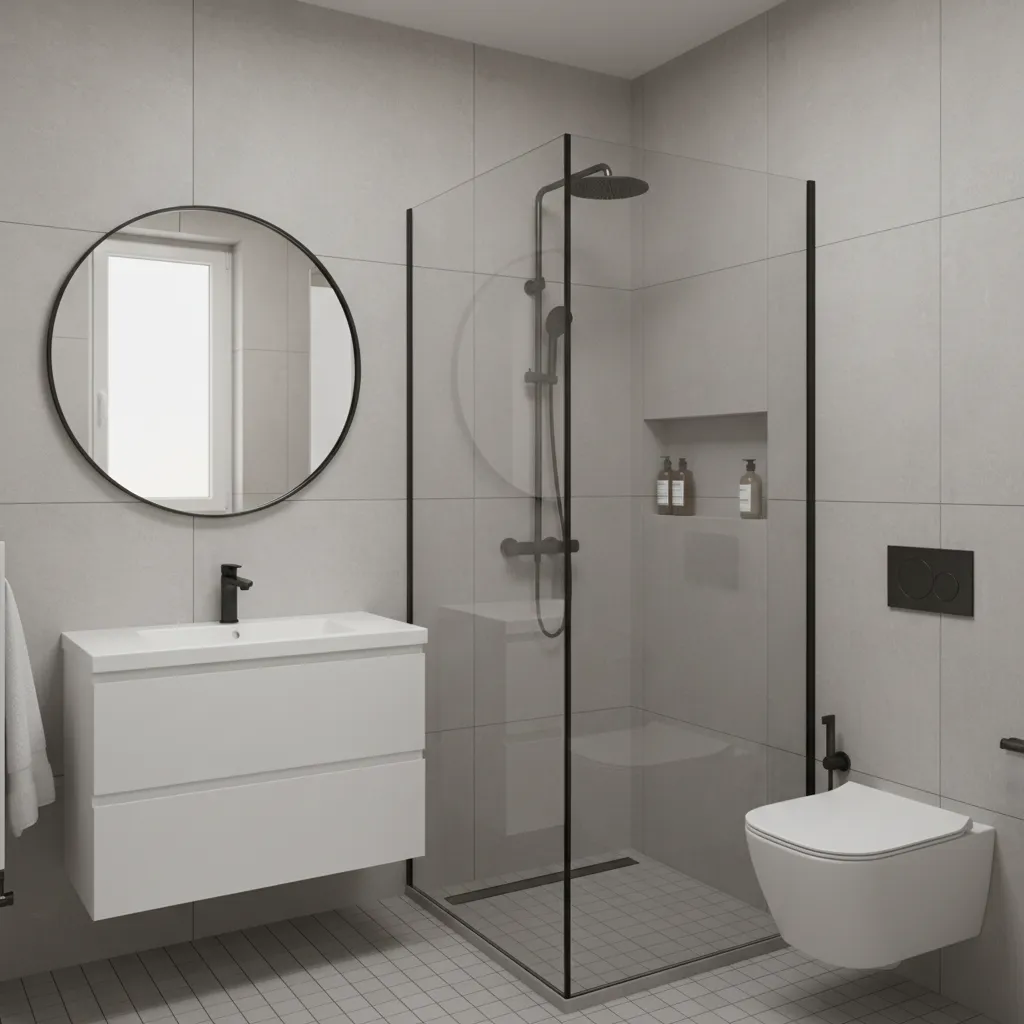 Compact bathroom shower layout inside a small studio apartment