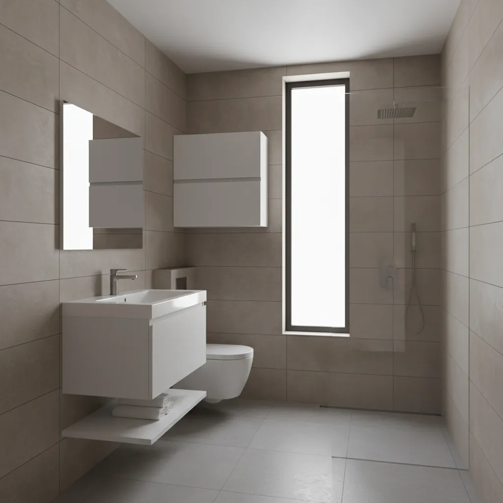 Compact bathroom with wall mounted storage cabinets near vanity