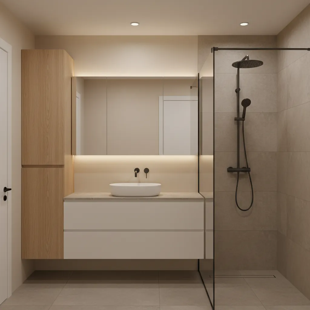small bathroom with vertical storage cabinet and floating vanity