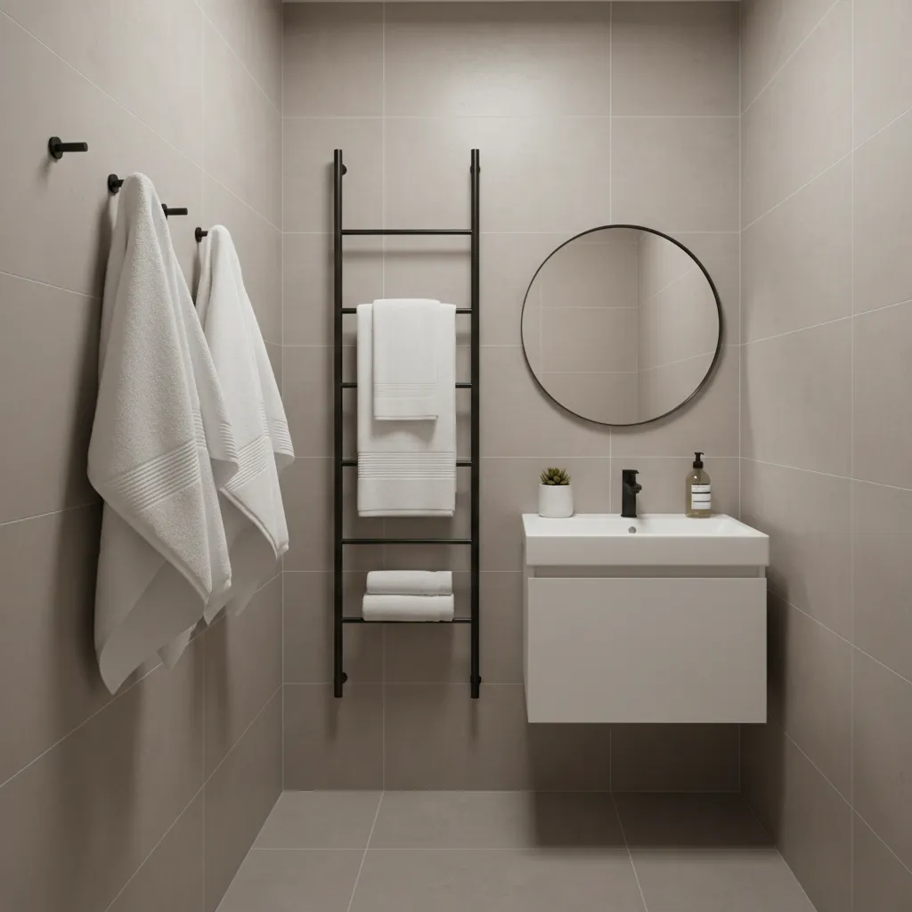 Small bathroom layout showing towel hooks and ladder storage