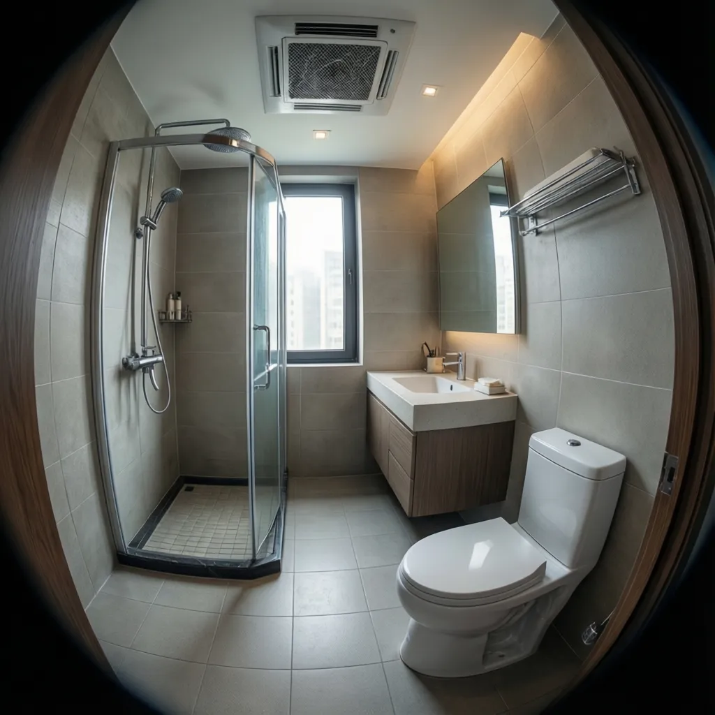 Small 9x5 bathroom layout showing ventilation fan placement and shower area