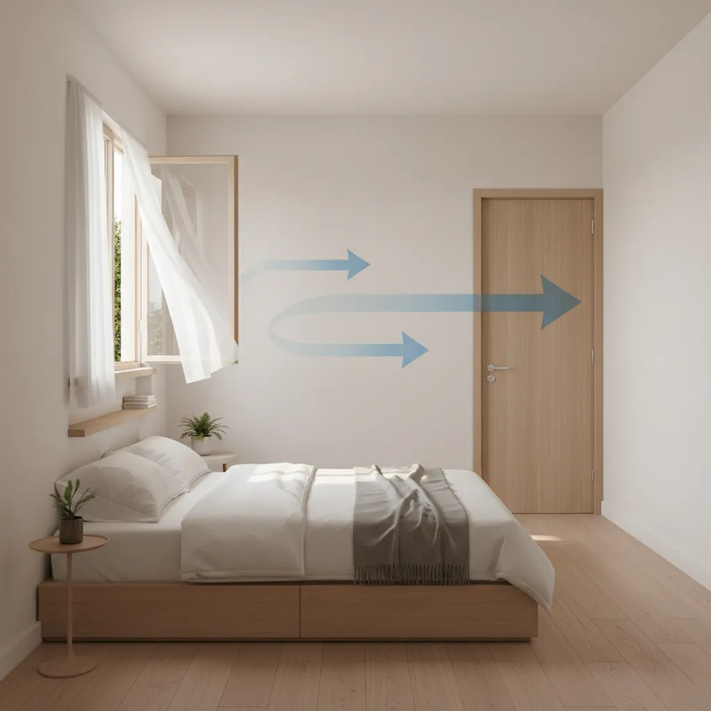 small bedroom layout showing airflow path from window to door