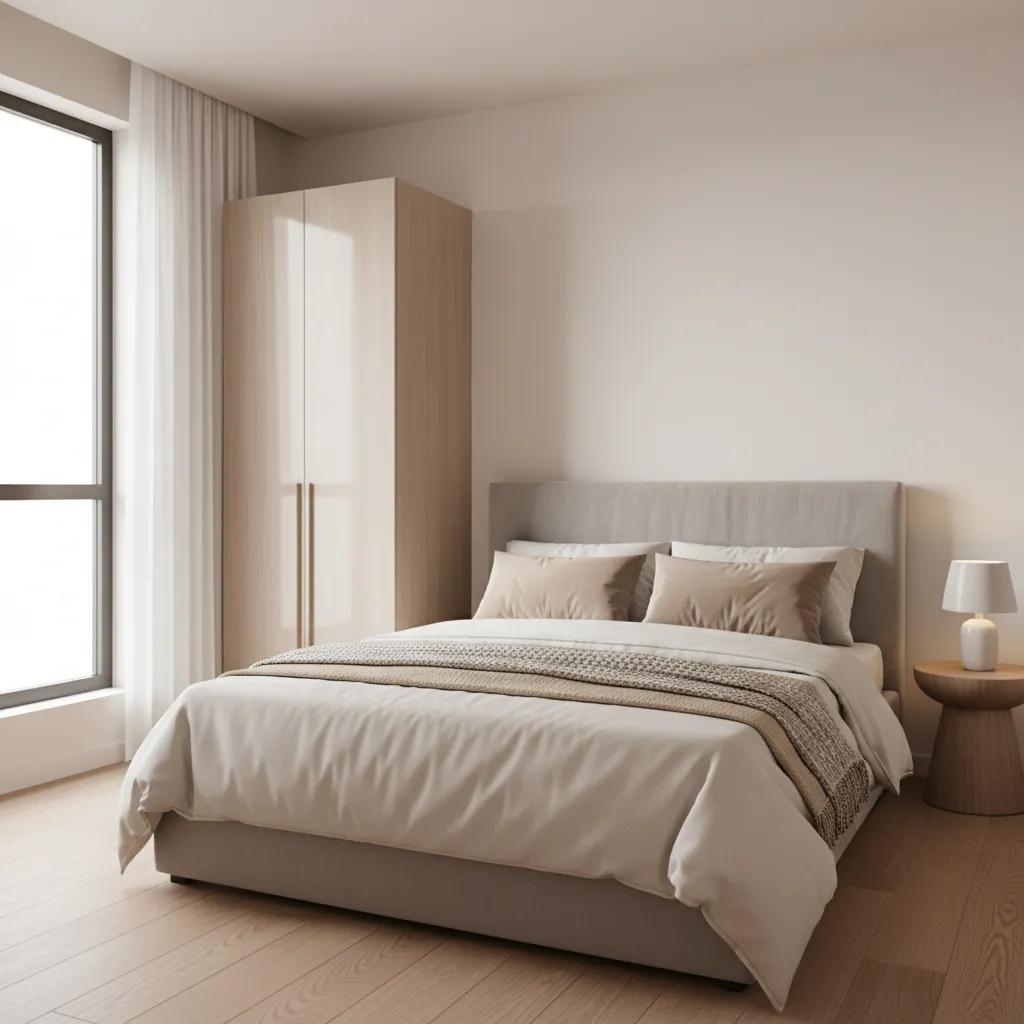 Compact bedroom layout showing balanced furniture arrangement