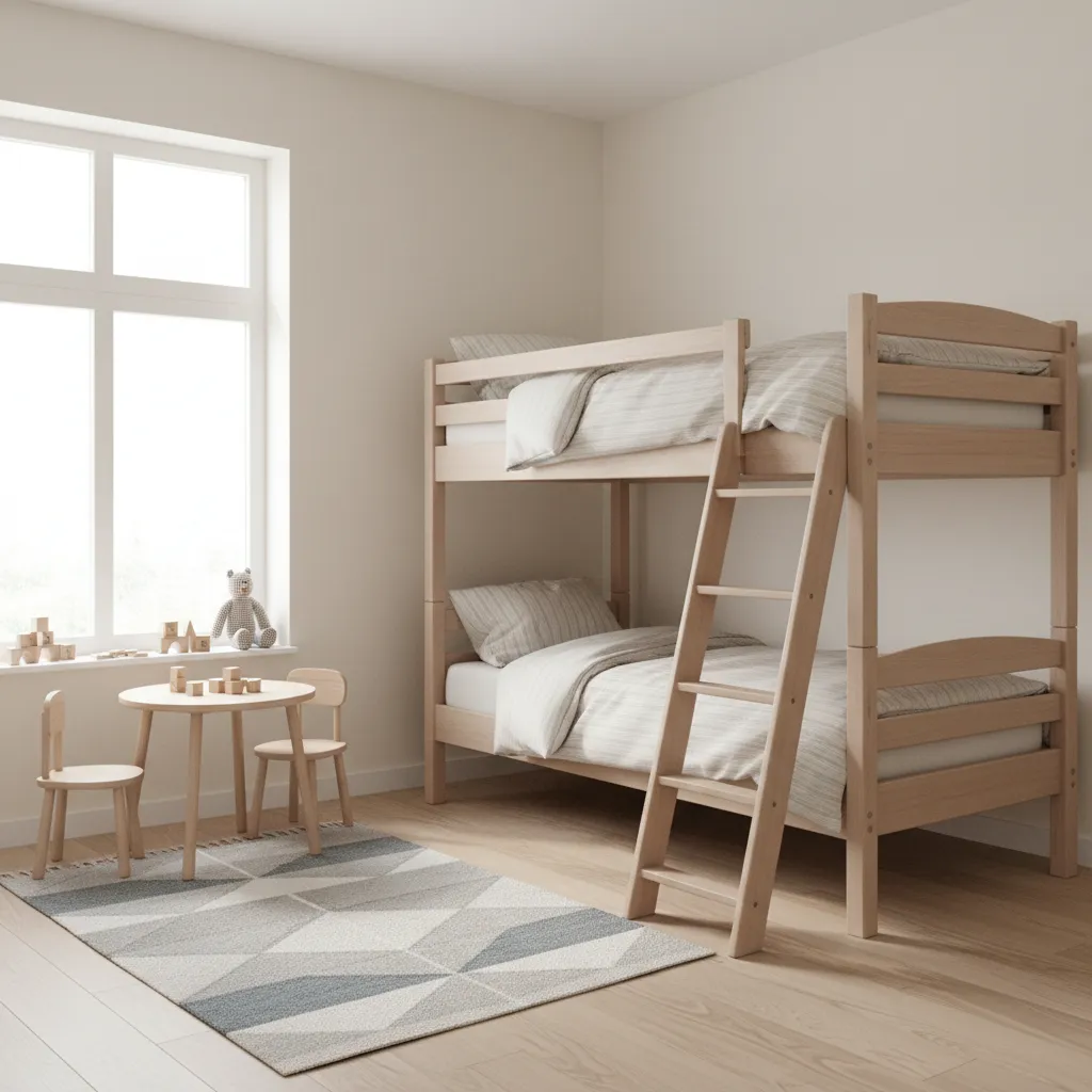compact bedroom layout with bunk bed and safe clearance