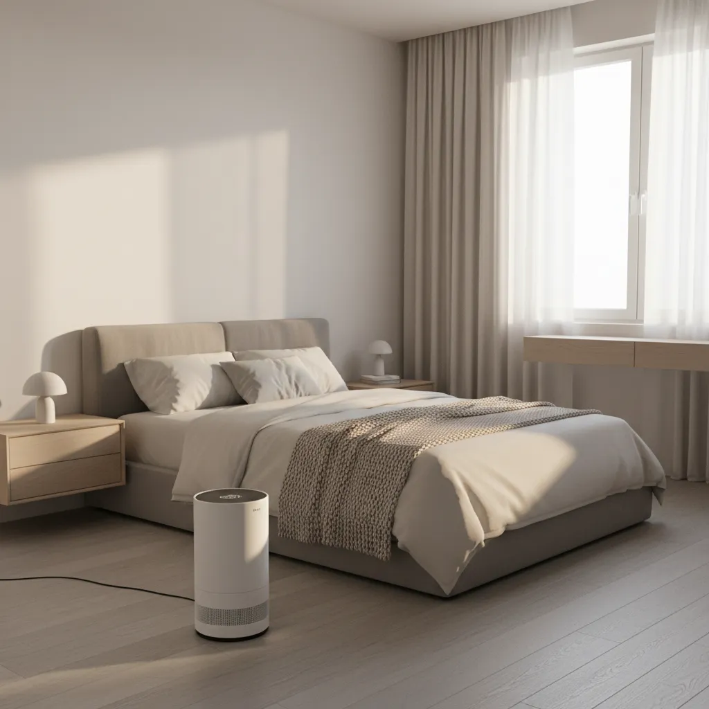 Ceramic space heater warming a small modern bedroom