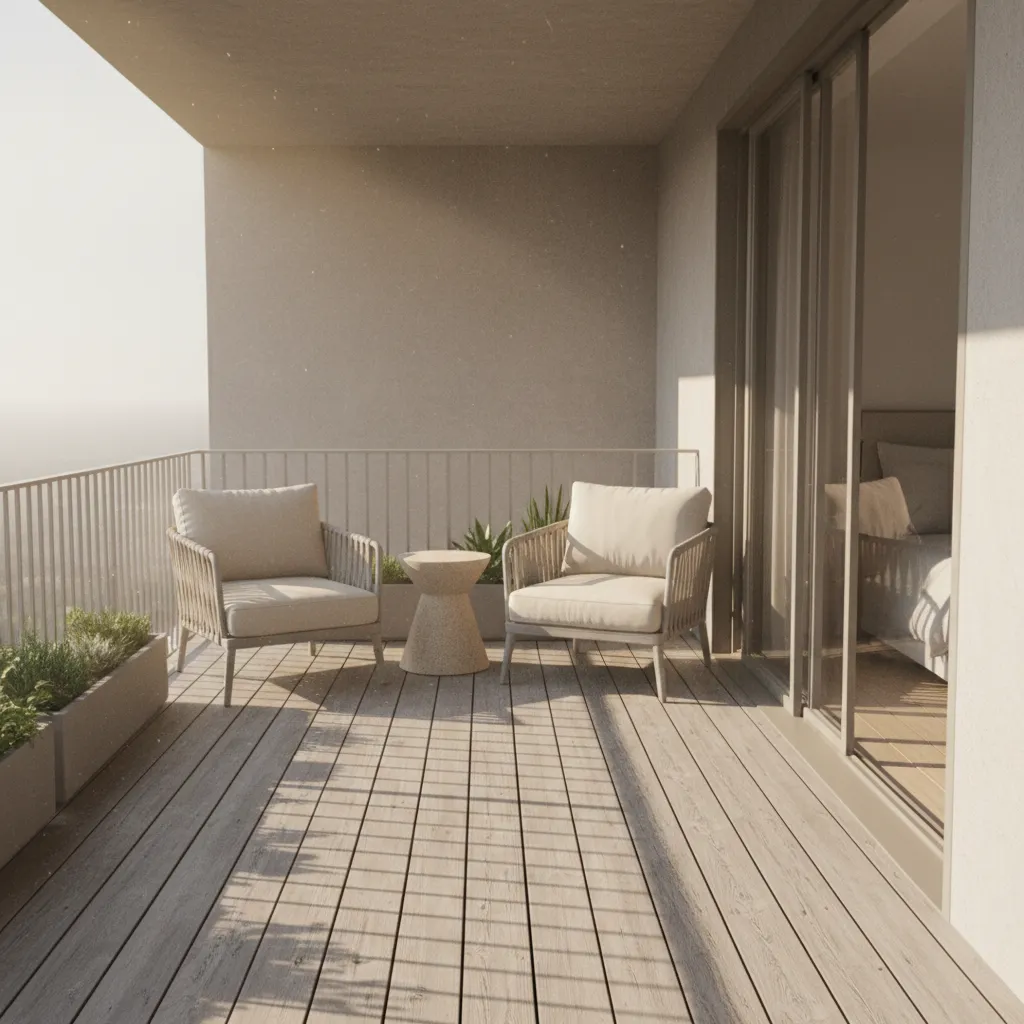Compact lounge seating setup on a small master bedroom deck