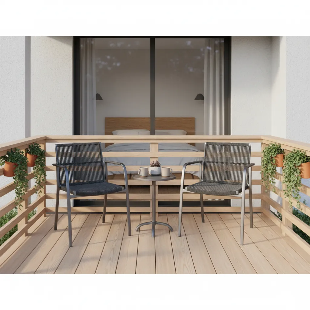 Small bedroom deck with two compact chairs and small table layout