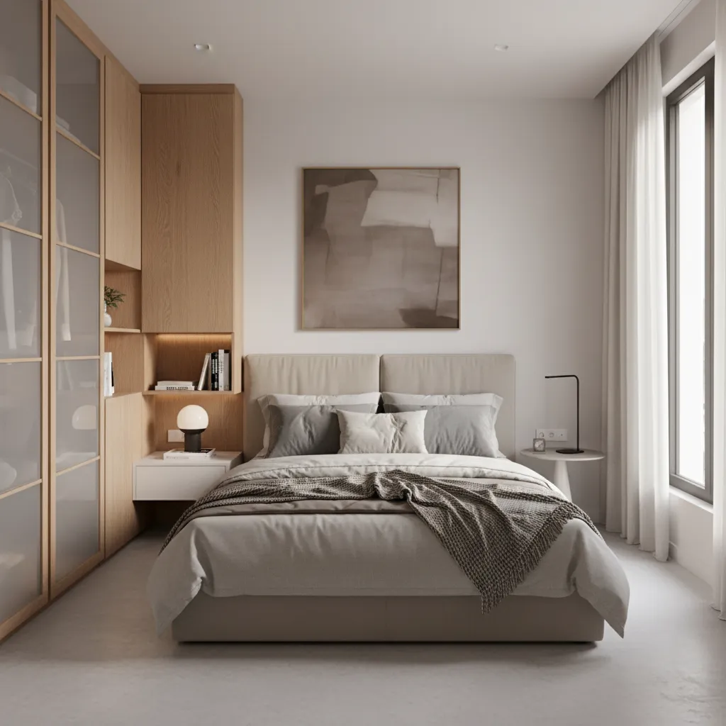 compact bedroom layout designed for a 1500 sq ft 3 bhk house