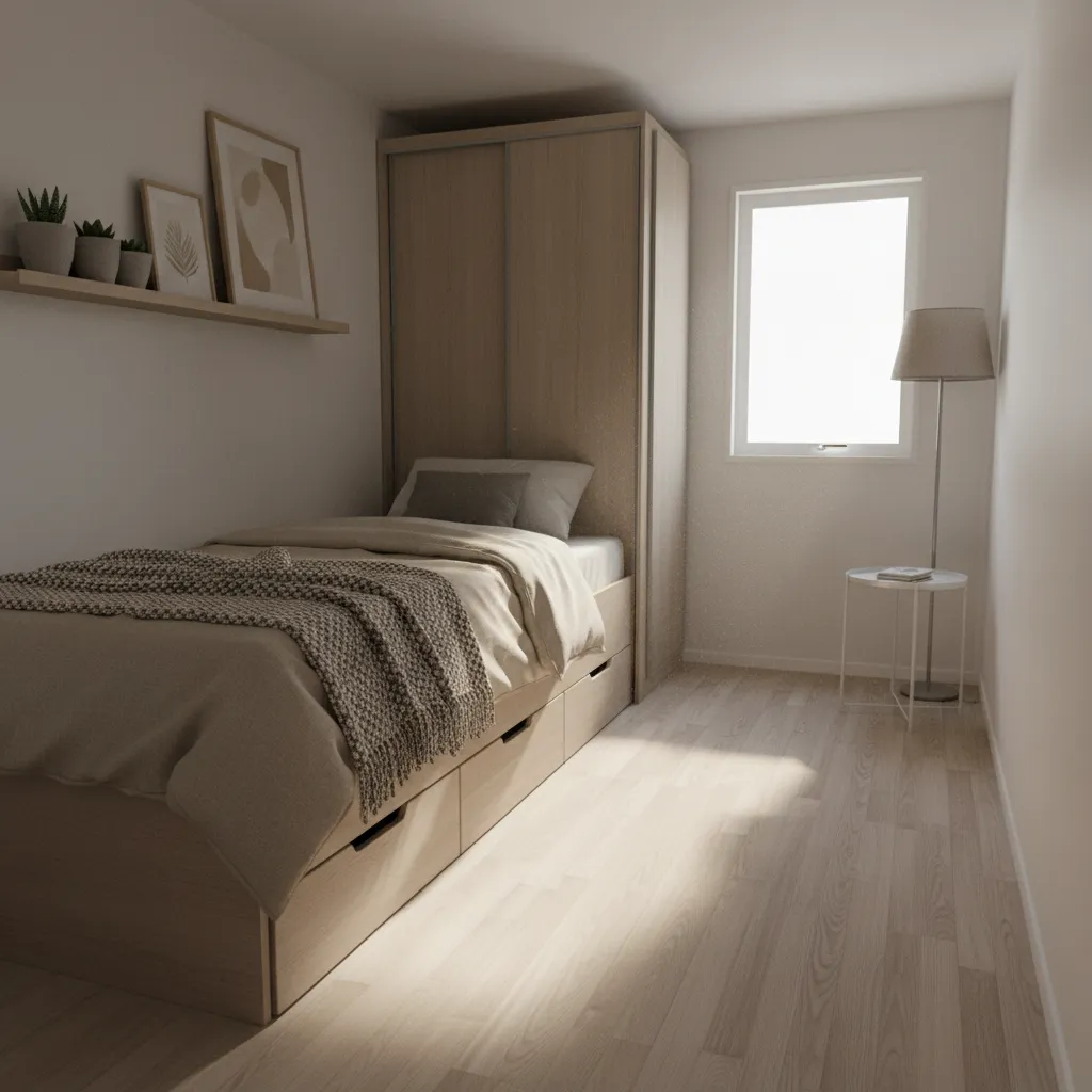 Compact bedroom design inside a narrow manufactured home