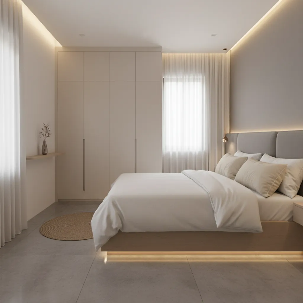 Modern minimalist bedroom with large beige wardrobe wooden bed warm light fixture and white curtains