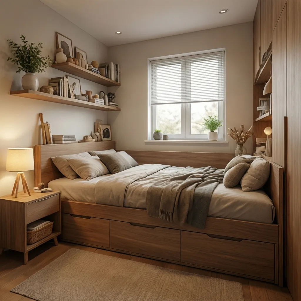 Small cozy bedroom with wooden storage bed wall shelves bedside lamp and window with blinds