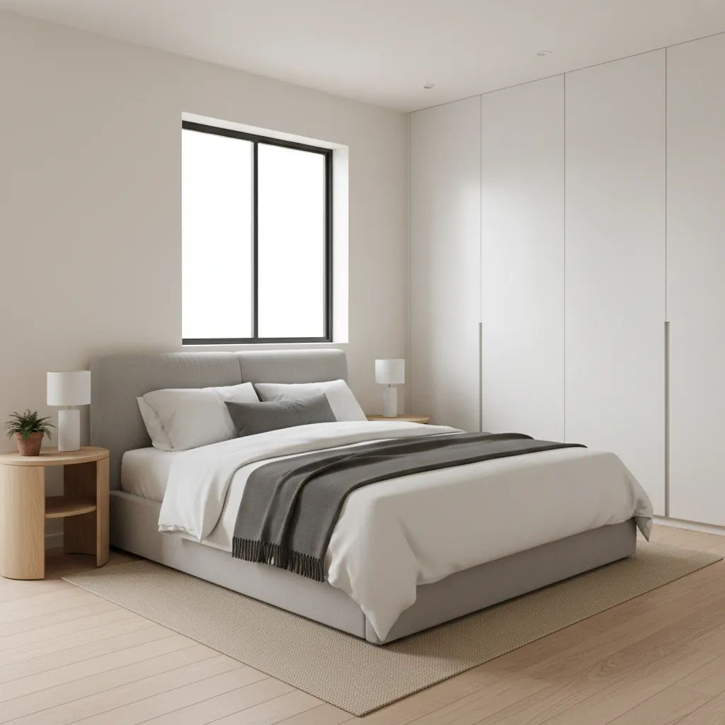 Modern minimalist bedroom featuring grey bed, white wardrobes, wooden nightstands, table lamps, and natural light