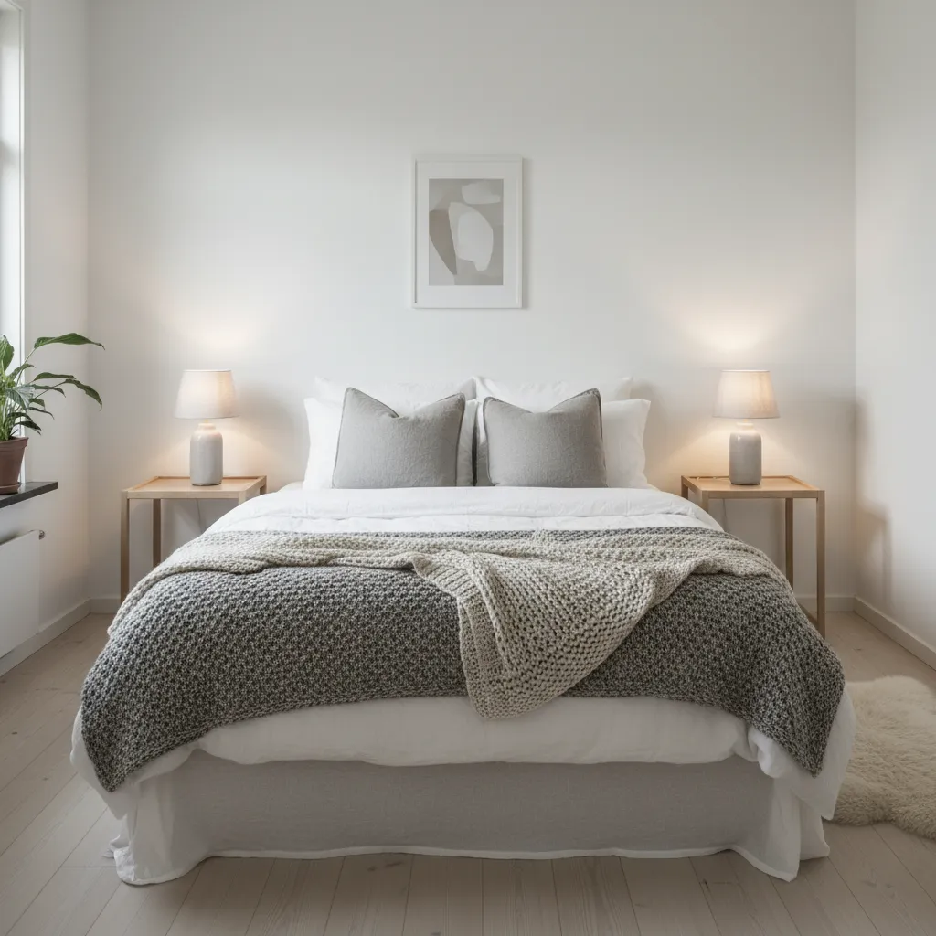 Modern bedroom with white bed grey pillows knitted blanket two wood side tables with lamps